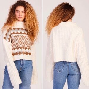 Free People Alpine Pullover Crop Sweater in Snowy Forest Neutral Sz L